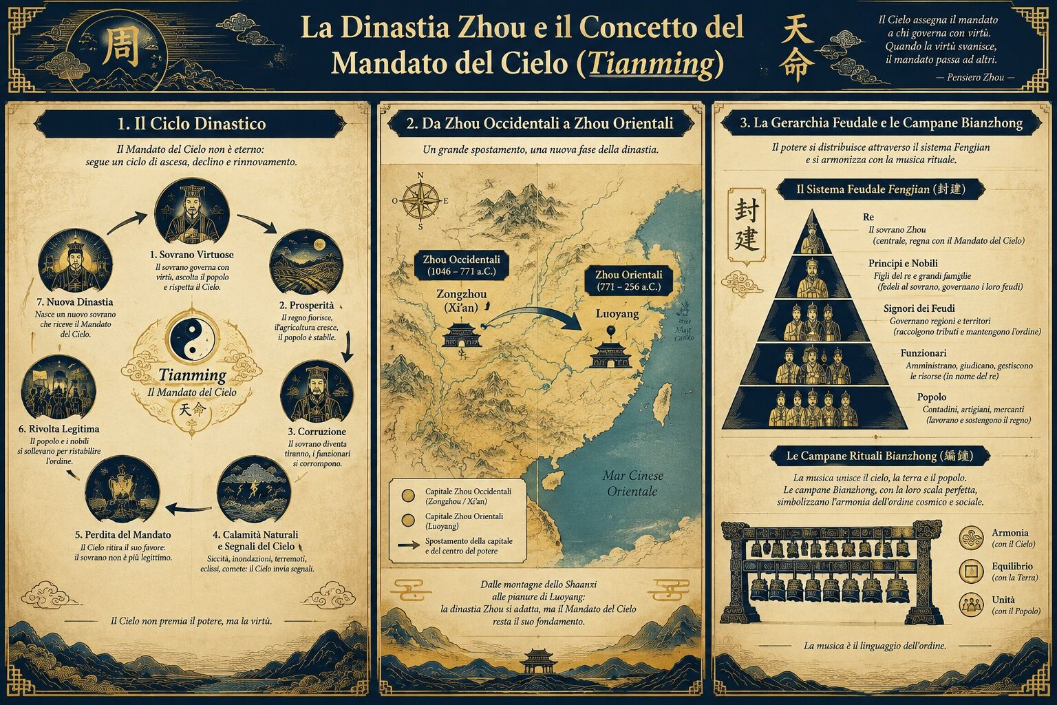 Infografica: Il Mandato del Cielo e il Codice Feudale: L'Ascesa della Dinastia Zhou e la Prima Unione Politica
