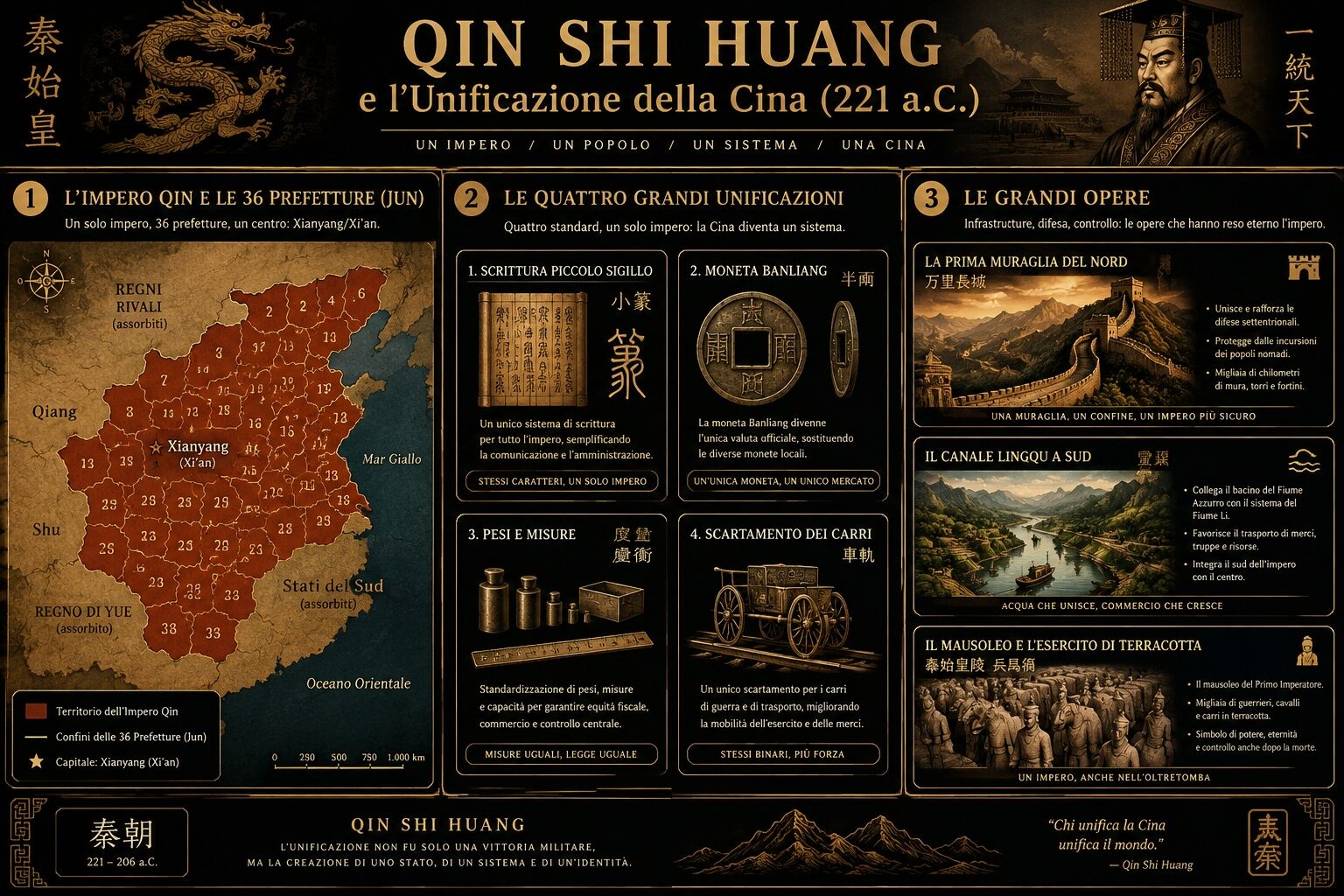 Infografica: Qin Shi Huang e il Primo Impero Accentratore: Unificazione, Legatismo, Muraglia ed Esercito di Terracotta