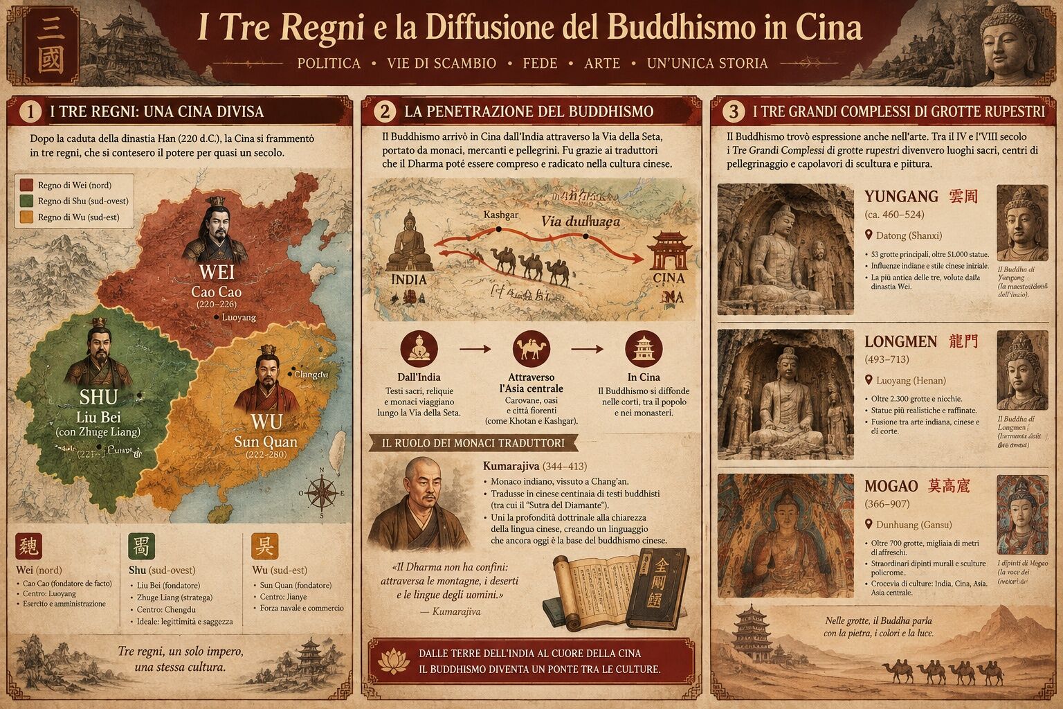 Infografica: Il Romanzo dei Tre Regni e i Secoli di Divisione: Frammentazione Politica e la Penetrazione del Buddhismo