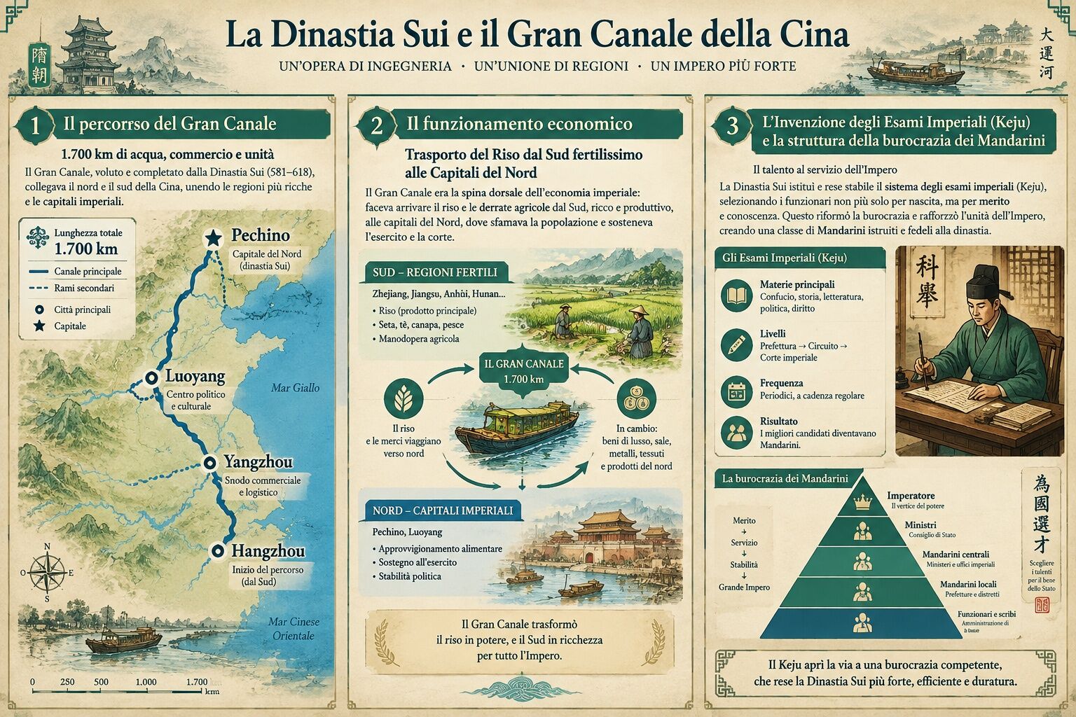 Infografica: La Dinastia Sui e il Gran Canale: L'Ingegneria d'Impero che Riunificò il Nord e il Sud