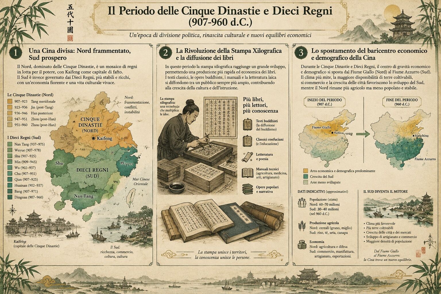 Infografica: Il Periodo delle Cinque Dinastie e Dieci Regni: Anarchia Militare e Rinascita Economica del Sud