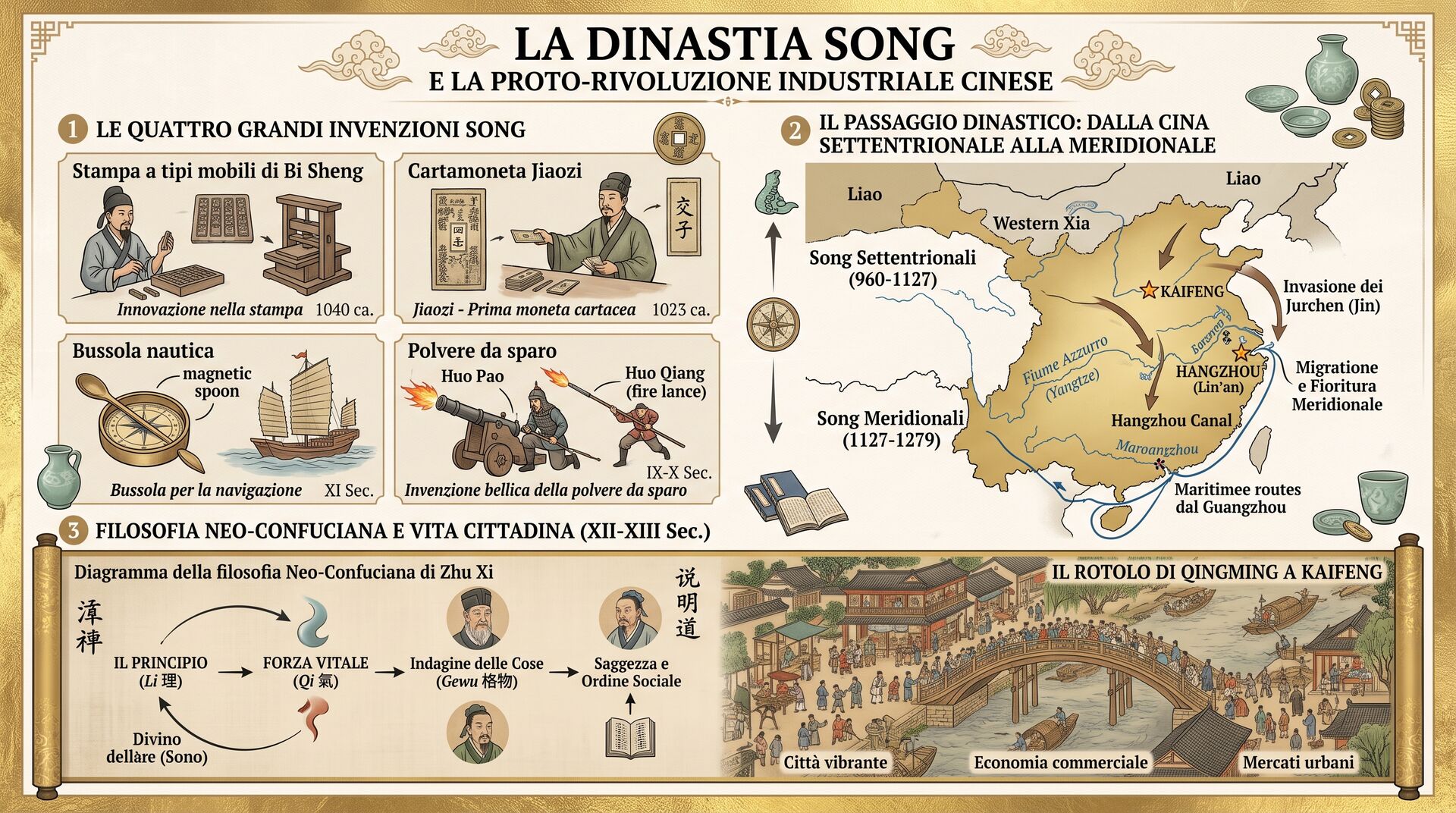 Infografica: La Dinastia Song: La Prima Rivoluzione Industriale, i Tipi Mobili, la Polvere da Sparo e il Neo-Confucianesimo