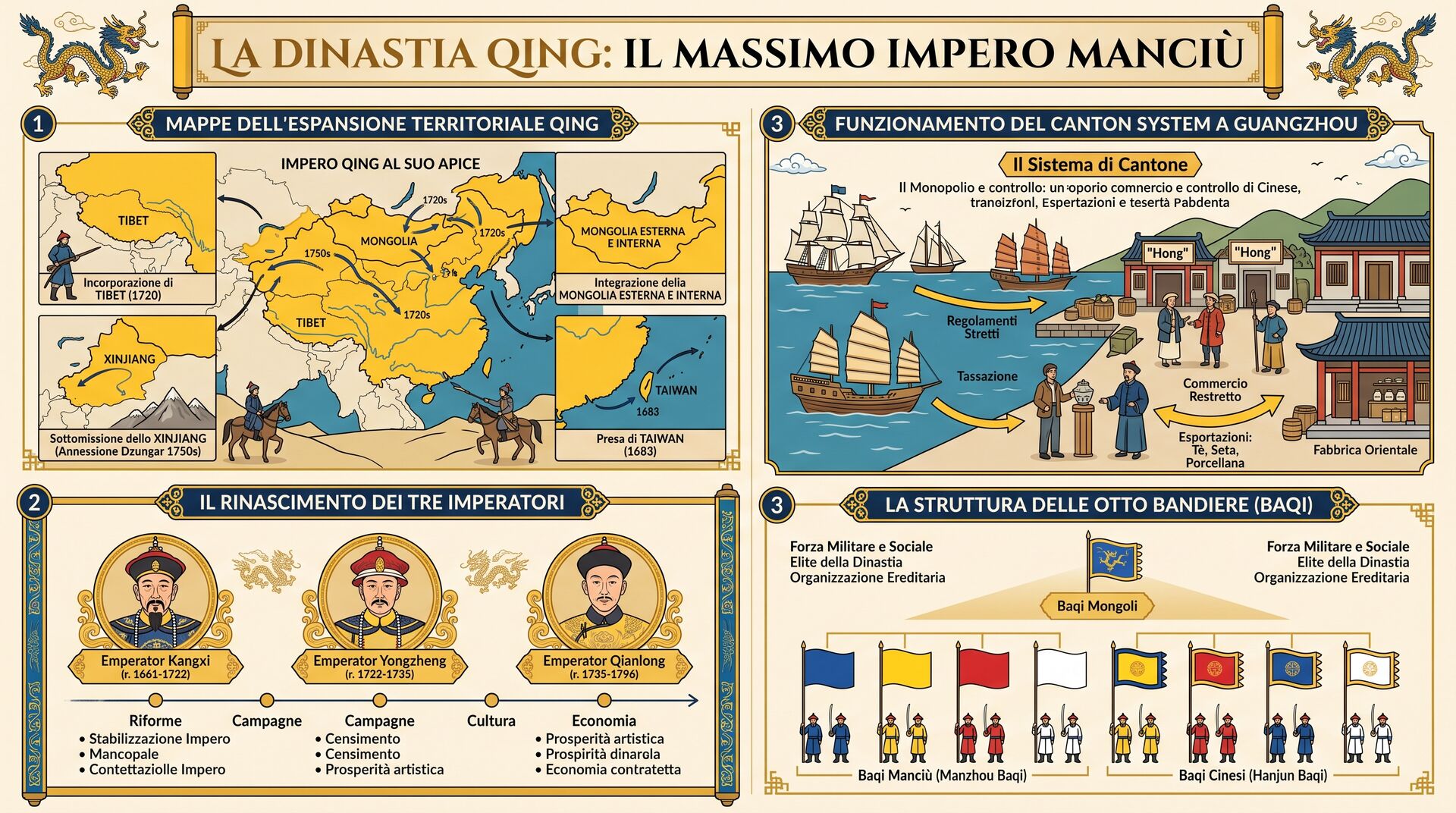 Infografica: La Dinastia Qing: I Manciù al Trono, il Rinascimento di Kangxi e Qianlong e la Massima Espansione