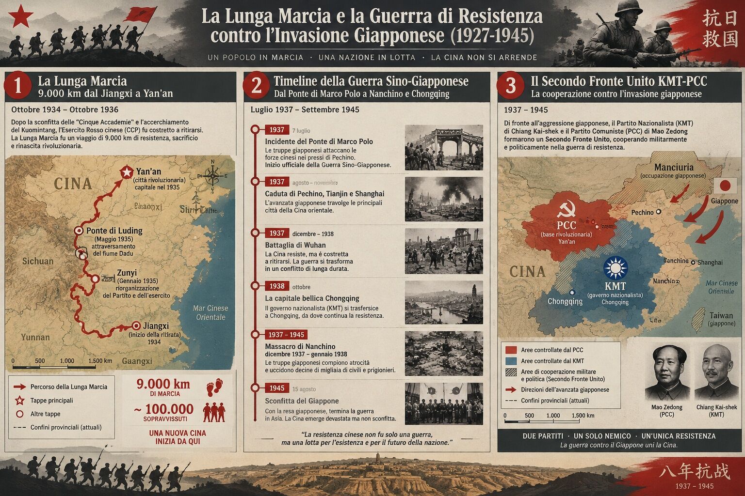 Infografica: Chiang Kai-shek, Mao Zedong e la Lunga Marcia: Guerra Civile e Resistenza contro l'Invasione Giapponese