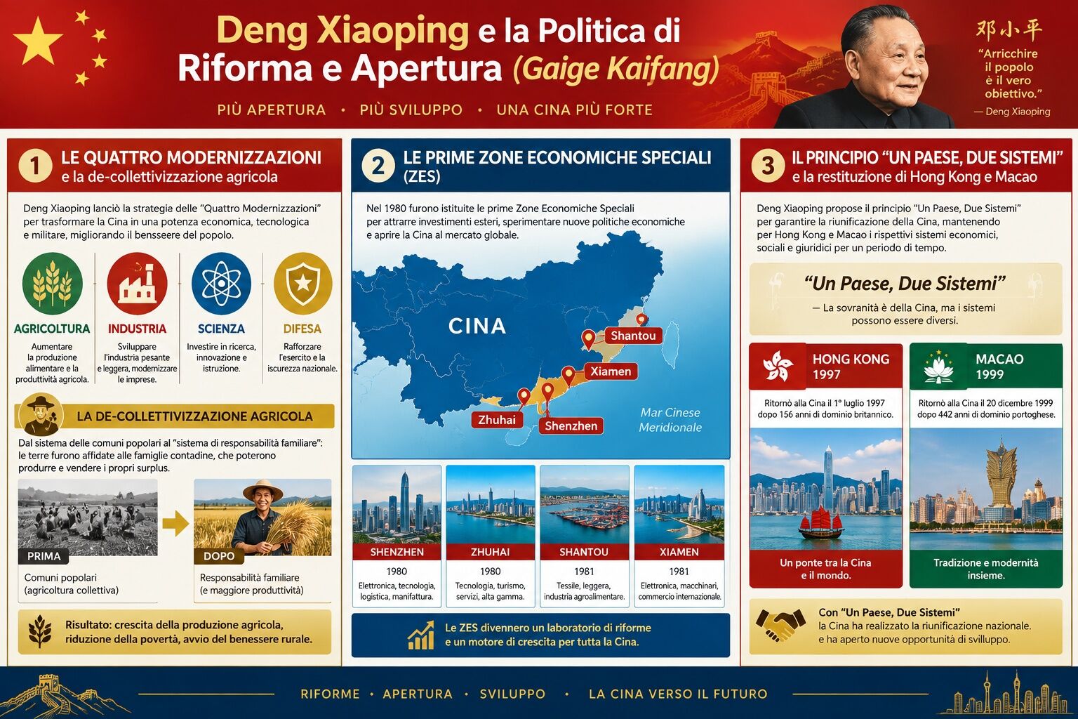 Infografica: Deng Xiaoping e il Socialismo con Caratteristiche Cinesi: Riforme Economiche, Shenzhen e il Ritorno di Hong Kong